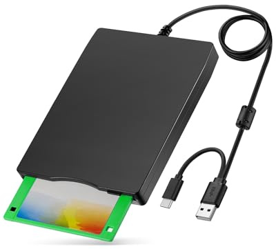 Kinetxiaxia - Externes USB-Diskettenlaufwerk 3,5 Zoll, 1,44 MB, Floppy Disk Laufwerk mit USB-A & USB-C, zum Lesen und Schreiben, für PC, Laptop, Mac und Linux, Plug & Play, Schwarz