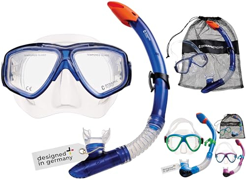 DYNAMICNORD La Gomera Pro Premium Schnorchelset Erwachsene Damen Herren – Tauchmaske mit Sicherheitsglas & Dry Top Schnorchel, Silikon Ventilsystem, großes Sichtfeld, inkl. Netztasche