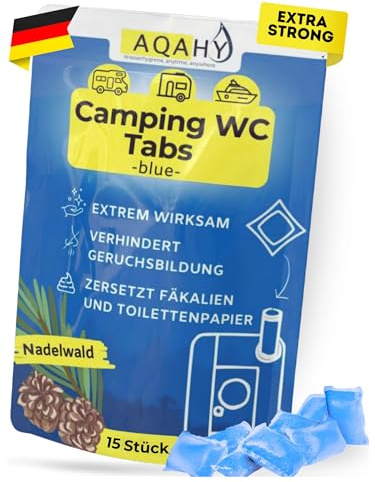 AQAHY Camping Toiletten Zusatz - Tabs blue extra stark – Nadelwald WC Drops - Chemietoilette Tabs entfernt unangenehme Gerüche - made in DE