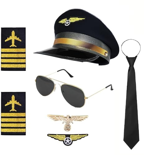 SHIQUAN Pilot Kapitän Kostüm Zubehör,Pilot Set Kapitän Fasching Karneval,Schulterklappen Streifen, Pilotenhut, Pilotenmütze, Abzeichen,Für Erwachsene Männer für Party Dress up (Schwarz)