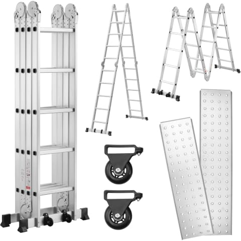 TEENO Mehrzweckleiter 5.82 M, 4x5 Stufen, 7 in 1 Aluminium Multifunktionsleiter mit 2 Abnehmbare Transportrollen und 2 Plattform, Bis 150 kg, Gelenkleiter Klappleiter Stehleiter Aluleiter 20 Sprossen
