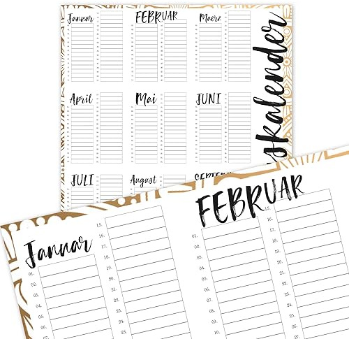 Timr Geburtstagskalender DIN A3 jahresunabhängig in beige-gold - dv299 | 297 x 420 mm, Dauerkalender, ohne Datum, Geburtstage, Jahrestage, Familie, Büro, Hochformat, immerwährend, Wandkalender