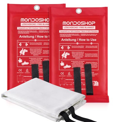 Mondoshop Feuerlöschdecke Küche Löschdecke Fettbrand- 1x1 m Branddecke Küche gemäß DIN EN 1869:2019 aus Glasfasertücher, Löschdecke für Fettbrände, Camping Grill, Wohnwagen, Küchen, Schule, 2 Stück