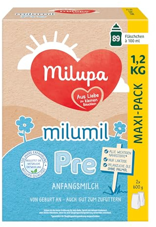 Milupa Milumil Pre – Anfangsmilch von Geburt an – Mit allen wichtigen Nährstoffen (laut Gesetz) – Ohne Palmöl – Im praktischen Maxi-Pack – 1,2 kg