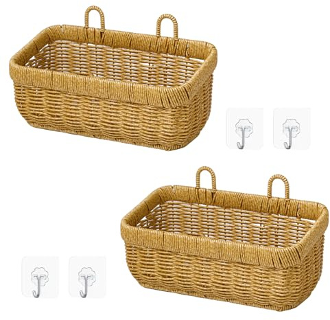 2 Stück Geflochtener Wandkorb mit Henkel Hängekorb Aus Rattan Aufbewahrung | Der Küche Kunststoff rattan Aufbewahrungskorb Hängekorb für Küche und Wohnzimmer Hellbrauner Korb