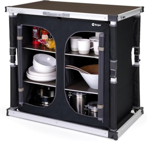 BERGER Tampere L Campingküche │ Campingschrank faltbar mit Staufächern inkl. Tragetasche │ Outdoor Camping Küche Camping Küchenschrank faltbar mit Aluminiumgestell Campingschrank Küche (L)
