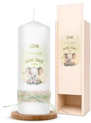 AMARI® Personalisierte Taufkerze Elefant Herz - Mädchen/Junge - 20cm/7cm - Gestalten Sie Ihre eigene Taufkerze mit Namen