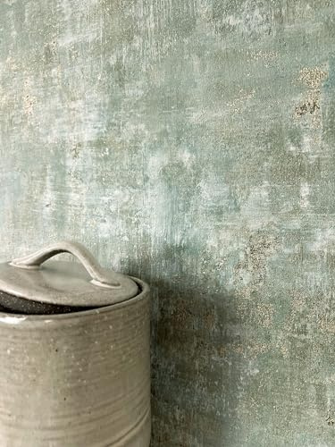 Newroom Vliestapete Grün Putzoptik Metallic Tapete Wohnzimmer | verwitterte Putzstruktur mit goldenen Glanzpartikeln, Salbeigrün changierend, Wandtapete Boho Natur