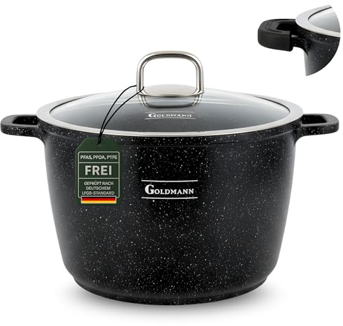 GOLDMANN Kochtopf Aluguss/Suppentopf, 28 cm, 10L, antihaftbeschichtete Keramik in Marmoroptik, Glasdeckel, geeignet für Induktion und alle Herdarten, ofenfest und PFOA-frei