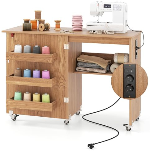 COSTWAY 2 in 1 Nähtisch klappbar mit Ladestation, Nähmaschinenschrank aus Holz mit Regalen, Nähschrank mit abschließbaren Rädern, Nähmaschinentisch Basteltisch für Wohnzimmer, Schlafzimmer (Natur)