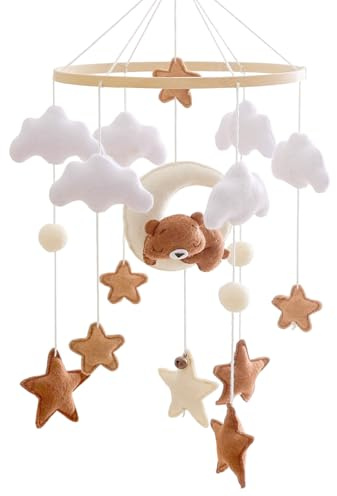 Mobile Babybett, Mobile Baby Windspiele mit 3D Bär Mond Wolken Sterne Glocke, Kinderzimmer Hängende Bettglocke, Handgefertigt Bambus Filz Mobile Baby, Neugeborene Geschenk Junge Mädchen Baby (Braun)