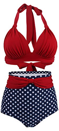 VILOREE Vintage 50s Damen Bademode Bikini Set Push Up Hoher Taille Neckholder Bauchweg Rot Top + Blau Pola Dots Shorts M