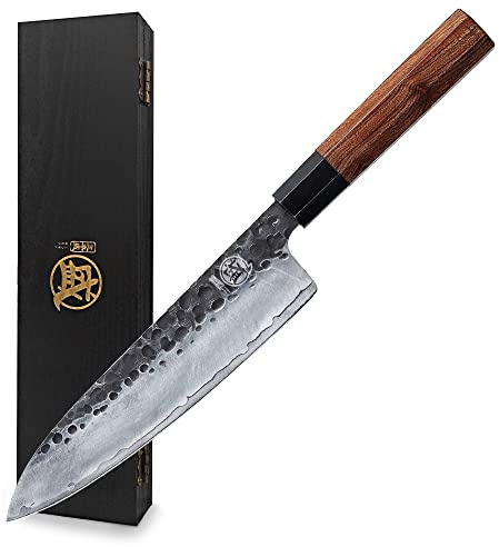 MITSUMOTO SAKARI Handgeschmiedetes Küchenmesser, 22 cm Gyuto Kochmesser, Hochkohlenstoffstahl Stahl japanisches küchenmesser (Rosenholzgriff und Boutique Holzkiste)
