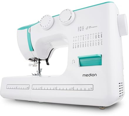 MEDION Freiarm-Nähmaschine SM60 (60 Watt, 60 verschiedene Stichmuster mit Knopflöchern, LED Nählicht, automatischer Einfädler, Rückwärtstaste, Fadenschneider, MD10689) Türkis