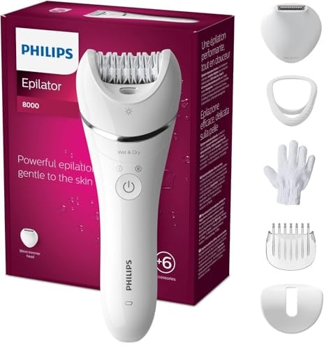 Philips Epilierer Series 8000, kabelloser Nass- und Trockenepilierer für Beine und Körper, Haarentfernungsgerät, mit 6 Zubehörteilen, Modell BRE715/00