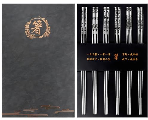 K KUMEED Essstäbchen Wiederverwendbar Edelstahl 6 Paar, Anti-Rutsch Stäbchen Spülmaschinenfest Japanische Essstäbchen, Metall Essstäbchen Personalisiert Chopsticks Geschenkset, Silber