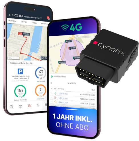 Cynatix 4G GPS Tracker Auto, 1 Jahr ohne ABO, OBD2 Live-Ortung, App & SIM | Keine Monatskosten, kein Vertrag. Einstecken, losfahren. Viele Alarme. Für KFZ, LKW, Transporter & Wohnmobil, EU/Schweiz