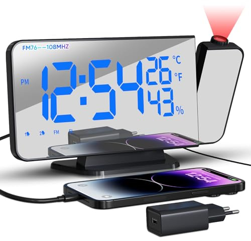 TAKRINK Projektionswecker mit USB-Anschluss Wecker Digital mit Projektion Dual-Alarm 12/24H Radiowecker LED-Anzeige 180° Projektor 4 Projektionshelligkeit projektion für Schlafzimmer(Marineblau)