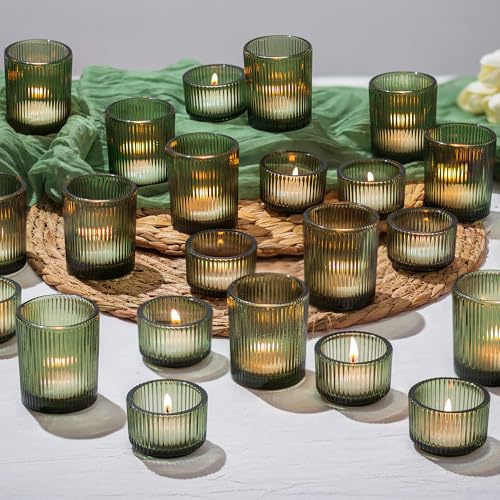 Glasseam Grün Teelichthalter Glas: 24er Set Gerippt Teelichtgläser | 2 Größen Großpackung, Beschwerter Boden, Für Tischdeko, Weihnachten, Hochzeit Deko