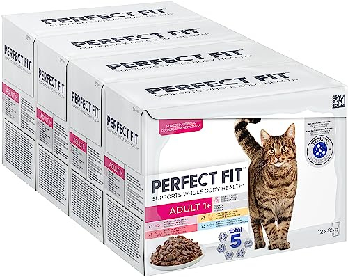 Perfect Fit Adult 1+ Katzennassfutter Auswahl mit Lachs, Hochseefisch, Rind und Huhn, 48 Portionsbeutel, 12x85g (4er Pack) – Premium Katzenfutter nass, für erwachsene Katzen ab 1 Jahr