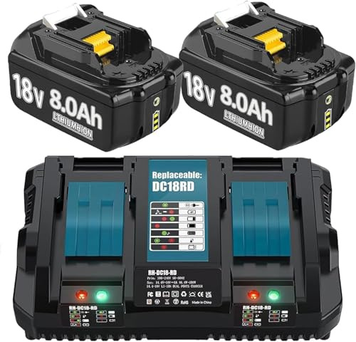 Hohe Kapazität 18V 8.0Ah/8000mAh Verbesserte 2X Ersatzakku für makita + Dual Port 6A Ladegerät DC18RD Kompatibel für BL1860B BL1850B BL1840B BL1830 BL1835 194205-3 LXT-400 with LED Werkzeugakku.