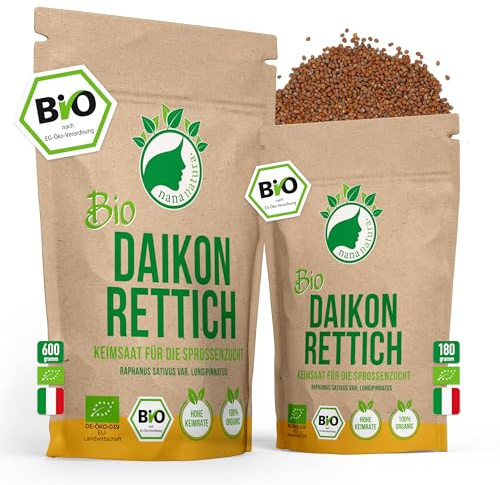 NanaNatura's Bio Daikonrettich Sprossen Samen 180g | Keimfähige Daikon Rettich Samen zur Sprossenzucht | Microgreens fürs Sprossenglas | geprüft & abgefüllt in Deutschland