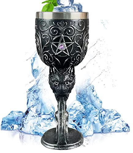 Vintage Weinkelch Edelstahl, Mittelalter Kelch mit Drachen-Prägung 3D,Katze | Detailreiche 3D-Prägung im Mittelalter-Stil, ideal für Halloween-Partys und Bar-Dekoration, robuster Edelstahl