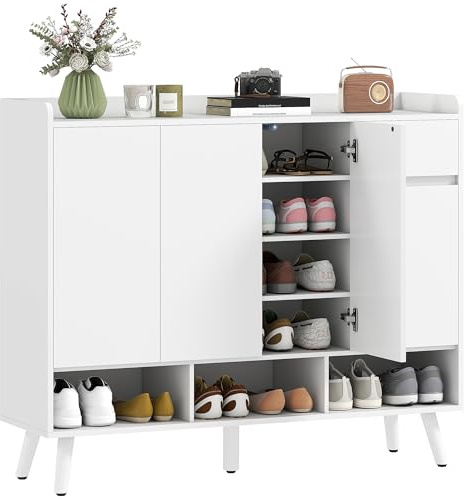 HOMCOM Schuhschrank mit 4 Tür, Druck zum Öffnen-Design Schuhregal Schuhkommode mit 4 Verstellbaren Ablagen, Schublade Schuhaufbewahrung mit Holzbeine 120 x 35 x 100 cm, Weiß