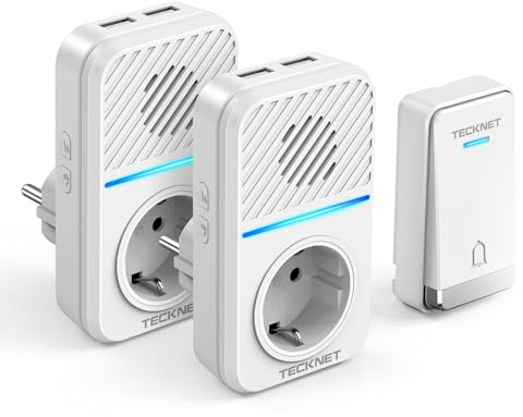 TECKNET Funkklingel Batterielose mit 2 Steckdosen und 4 USB Anschlüsse | IP65 Wasserdicht, 400 M, 60 Melodien, 5 Lautstärken, LED, 4 USB-Ports – für Haus & Büro