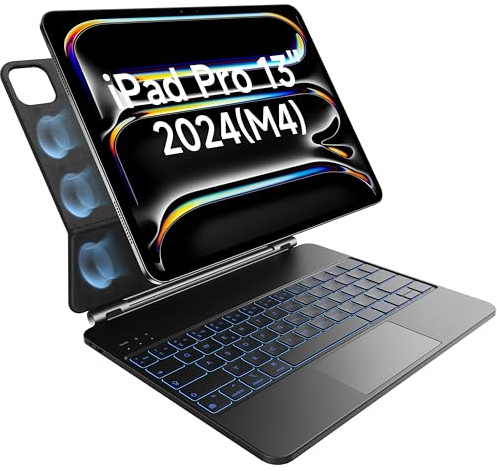 HOU Magic Keyboard für iPad Pro 13(M5 2025/M4 2024) Zoll hülle mit Tastatur,QWERTZ,Click-Anywhere-Trackpad,7 Farben 3 Stufen hinterleuchtet,magnetisches Design,Schwarz