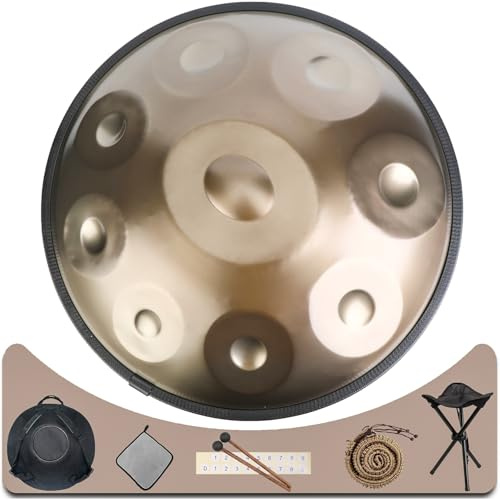 Eavnbaek Handpan D-Moll Trommel 440 Hz 9 Noten 56 cm Stahlhandtrommel, Handtrommel mit Softtasche, 2 Handhämmern, Pfannenständer und staubfreiem Tuch (gold)
