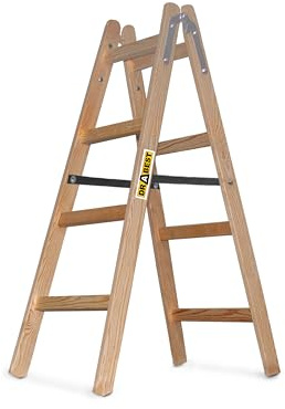 DRABEST - Holzleiter - für Malerarbeiten - 2X 4 Sprossen - m lang - bis 150 kg - Arbeitshöhe 1,24m 2,7 m - Klappbar - Tritt-, Bock-, Stehleiter - Beidseitig Begehbar, Imprägniert - mit Eimerhaken