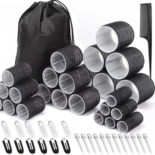 50 Stücke Lockenwickler, 24 Stück 4 Größen (60/48/36/25mm) mit 24 Edelstahl-Clips, Groß, Selbsthaftend für Lange, Mittlere & Kurze Haare