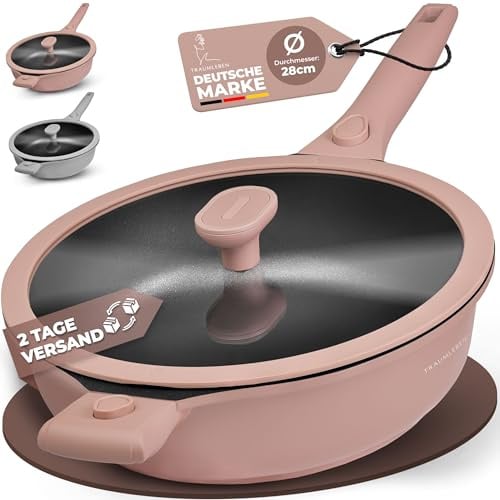 TRAUMLEBEN Bratpfanne 28 cm mit Deckel & abnehmbaren Griffen (Rosa) | Antihaftbeschichtung, PFOA-frei, für Induktion geeignet, backofenfest, hoher Rand