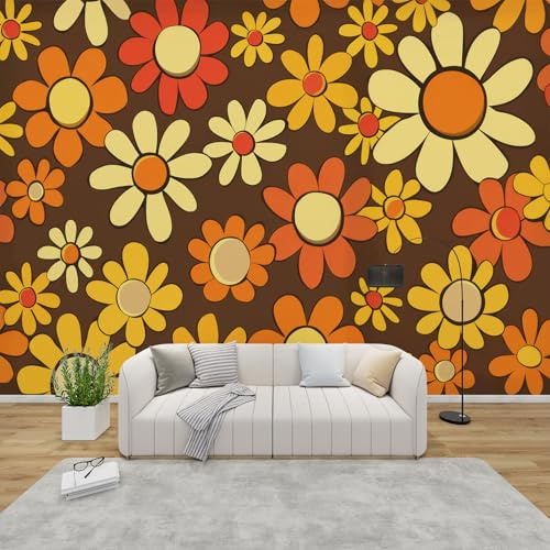 QEODAH Fototapete Retro Blume Schlafzimmer, 3D Tapete 70er Hippie, Vliestapete Orange, Tapeten Wohnzimmer Muster, Boho Retro Blumen Wand Deko Kinderzimmer, Wandtapete, Mustertapete Vlies 100x70 cm