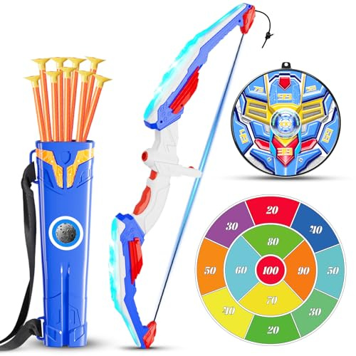 DX DA XIN Pfeil und Bogen Kinder - LED Licht Bogenschießen Spielzeug Set mit Verstellbarer Bowstring 2 Zielscheibe 10 Saugnapfpfeile und Köcher Outdoor Spiele Geschenk für Jungen ab 3-12 Jahre