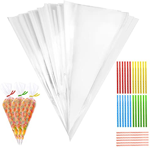 100 Stück Süßigkeiten Tüten, 25x13cm Candy Bar Tüten Spitztüten Transparent Cellophantüten mit 100 Twist Ties Geschenktüten für Schokolade Bonbons Kekse Hochzeit