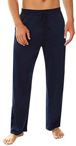 Marvmys 100% Baumwolle Herren Lange Schlafanzughose Einfarbige Pyjamahose Schlafhose Haushose Freizeithose Yogahose mit Gürtel und Taschen