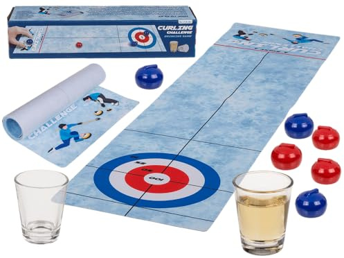 Out of the blue Trinkspiel, Tisch-Curling, ca. 120 x 30 cm, inkl. 1 Matte, 6 Curling-Steine und 2 Shooter-Gläsern, in Geschenkverpackung