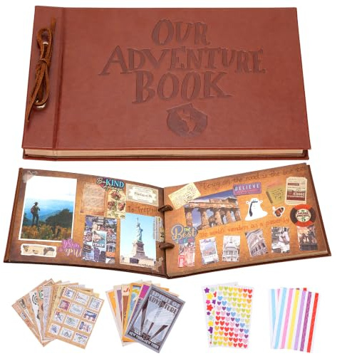 Unser Abenteuer Buch Scrapbook Fotoalbum, 30 x 19cm 80 Seiten, 3D geprägte Wörter Leder Hard Cover Reise Adventure Book für Jubiläum, Hochzeit, Weihnachten, Muttertagsgeschenk, Ostern etc