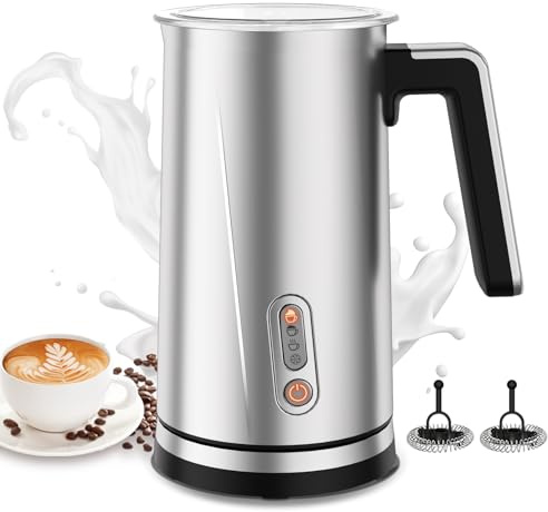 Elektrischer 4 in 1 Milchaufschäumer: Milchschäumer aus Edelstahl für heißen und kalten Milchschaum – 300 ml großer Milchwärmer für Latte, Cappuccino, Macchiato, heiße Schokolade (Silber)