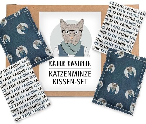 Kater Kasimir 4 Katzenminze-Kissen ohne Füllwatte! Handgemacht und aus Bio-Baumwolle. Das natürliche Katzenspielzeug für die Selbstbeschäftigung von Katzen