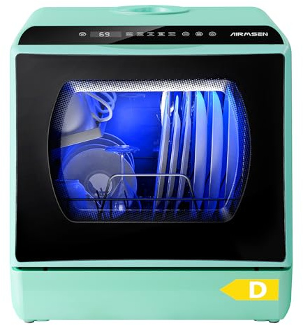 AIRMSEN Tischgeschirrspüler, Mini Geschirrspüler mit 5+1 Programme (Grün) | 5L Wassertank, 2 Wege Wasserversorgung, Touch Control & LED-Display, Geeignet für Hausküchen, Wohnungen, Schlafsäle