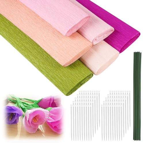 6 Farben Krepppapier Bunt, 25x250cm Crepe Papier Krepppapier Rollen | mit 20 Draht Grün Pastell Bunte, für DIY Blumen Kunsthandwerk, Geburtstagsfeier, Hochzeit, Festival Ornament (Pinke Serie)
