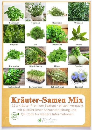 Prademir – Kräutersamen Set aus 16 beliebten Küchenkräutern – Kräuter Anzuchtset mit 100% Natursamen aus Portugal – Kräuter Saatgut aus Oregano, Thymian, Majoran, Rosmarin, Dill, Basilikum, Salbei uvm
