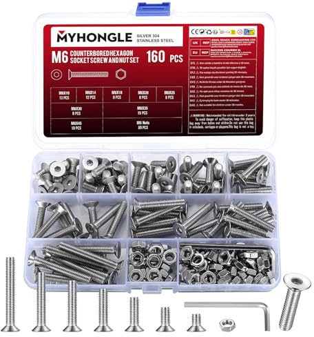 160 Stück M6 Schrauben Set, Senkkopfschrauben Muttern Set, Innensechskantschrauben, Edelstahl Maschinenschrauben Sortiment, Zylinderschrauben mit Muttern Kit, Gewindeschrauben
