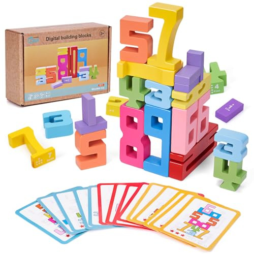 PKKP 20 Stück Number Blocks, Holz Zahlenblocks Spielzeug mit 15 Zahlenstapelkarten, Sensorik Holzbausteine Bausteine, Zahlen Lernen Montessori Spielzeug ab 3 Jahre, Solid Wood Building Blocks