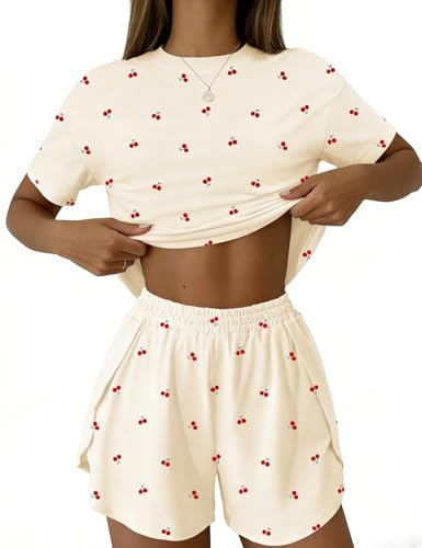 IECCP Schlafanzug Damen Kurz Pyjama Set Sommer Loungewear Aprikose L