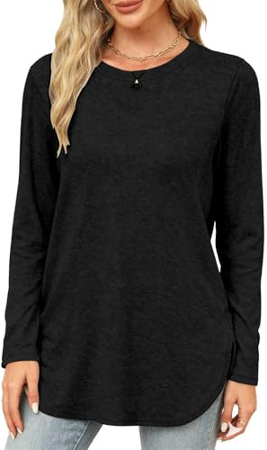 Teesho Damen Tshirt Langarm Longshirt Baumwolle Oberteile Herbst Shirts Elegant Langarmshirt Lose Lang Tops Tunika(schwarz/XXL)