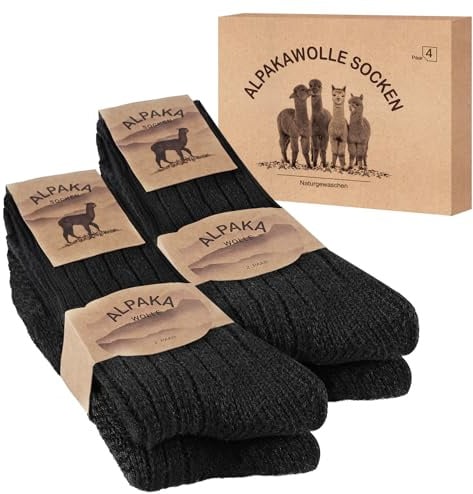 SukModen Alpaka Wollsocken für Damen & Herren, 4 Paar, warm | 40% Alpakawolle und 30% Wolle, atmungsaktiv und feuchtigkeitsregulierend; dicke Strick-Thermosocken für den Winter.